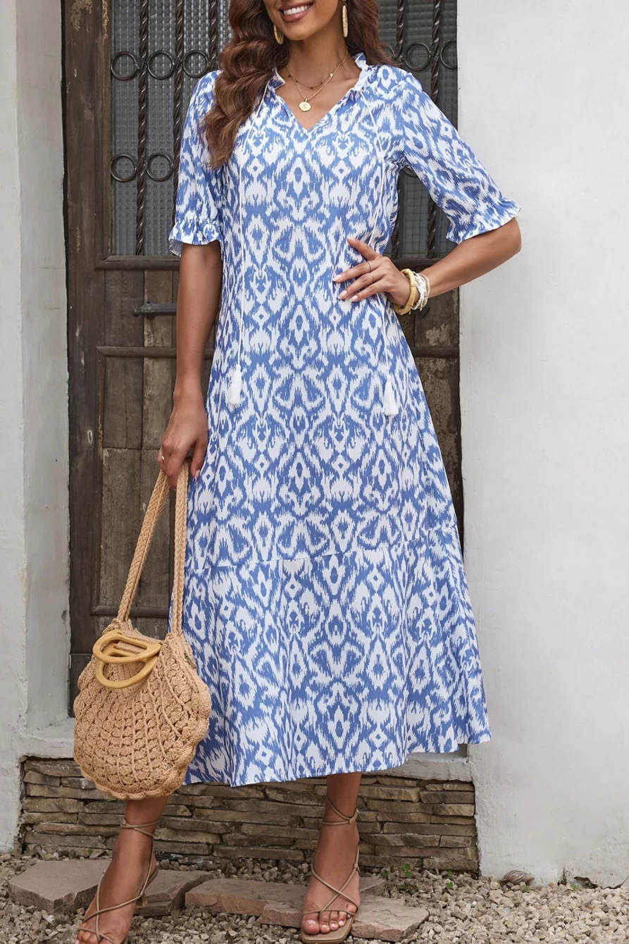 Shewin Women's Sky Blue Geometric Print Casual V-Neck Maxi Dress