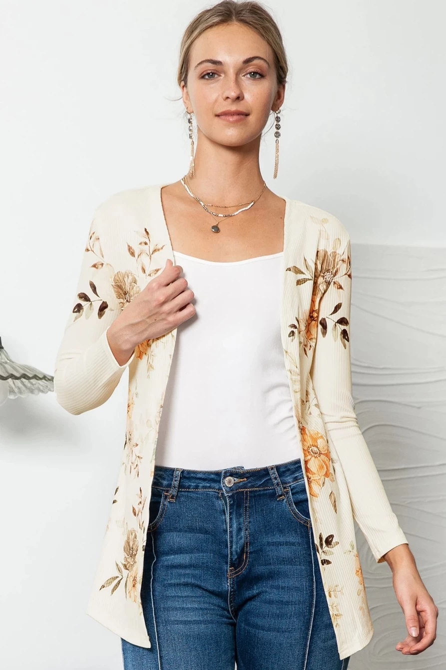 Shewin Women's Apricot Floral Print Ribbed Knit Slim Fit Cardigan Sweater
