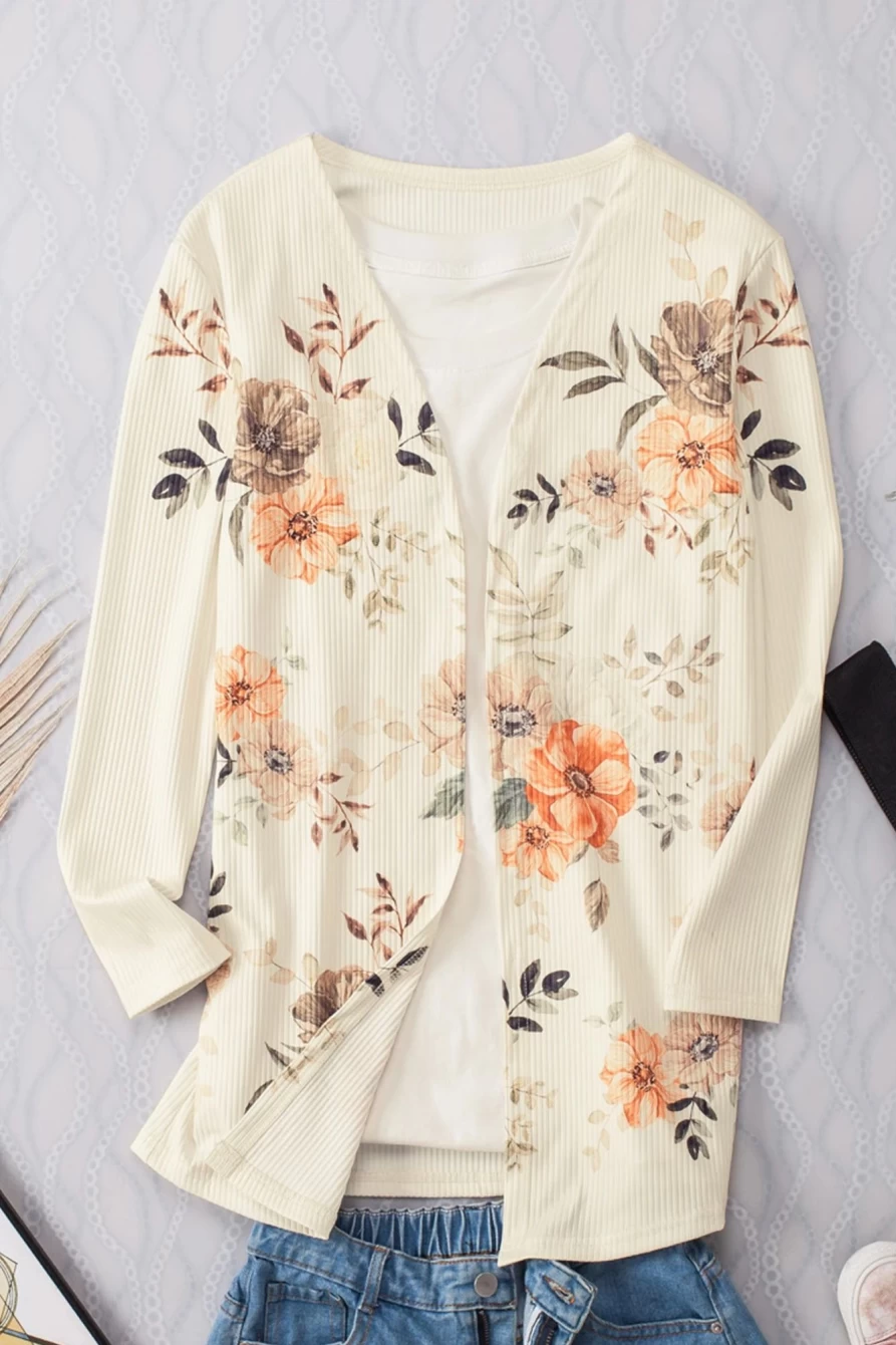 Shewin Women's Apricot Floral Print Ribbed Knit Slim Fit Cardigan Sweater