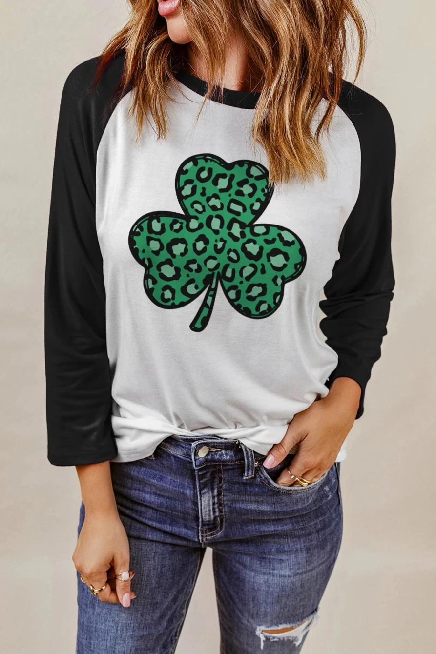 Shewin Women's Black St Patrick's Day Leopard & Clover Print Long Sleeve T-Shirt