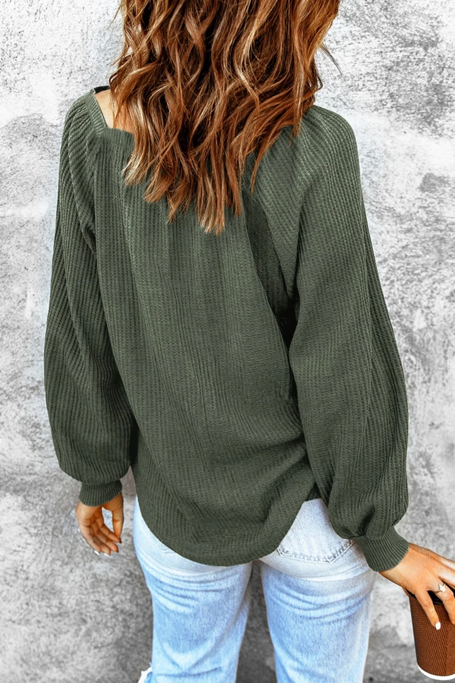 Shewin Women's Green Plain Waffle Knit Top with Bishop Sleeves & Square Neck