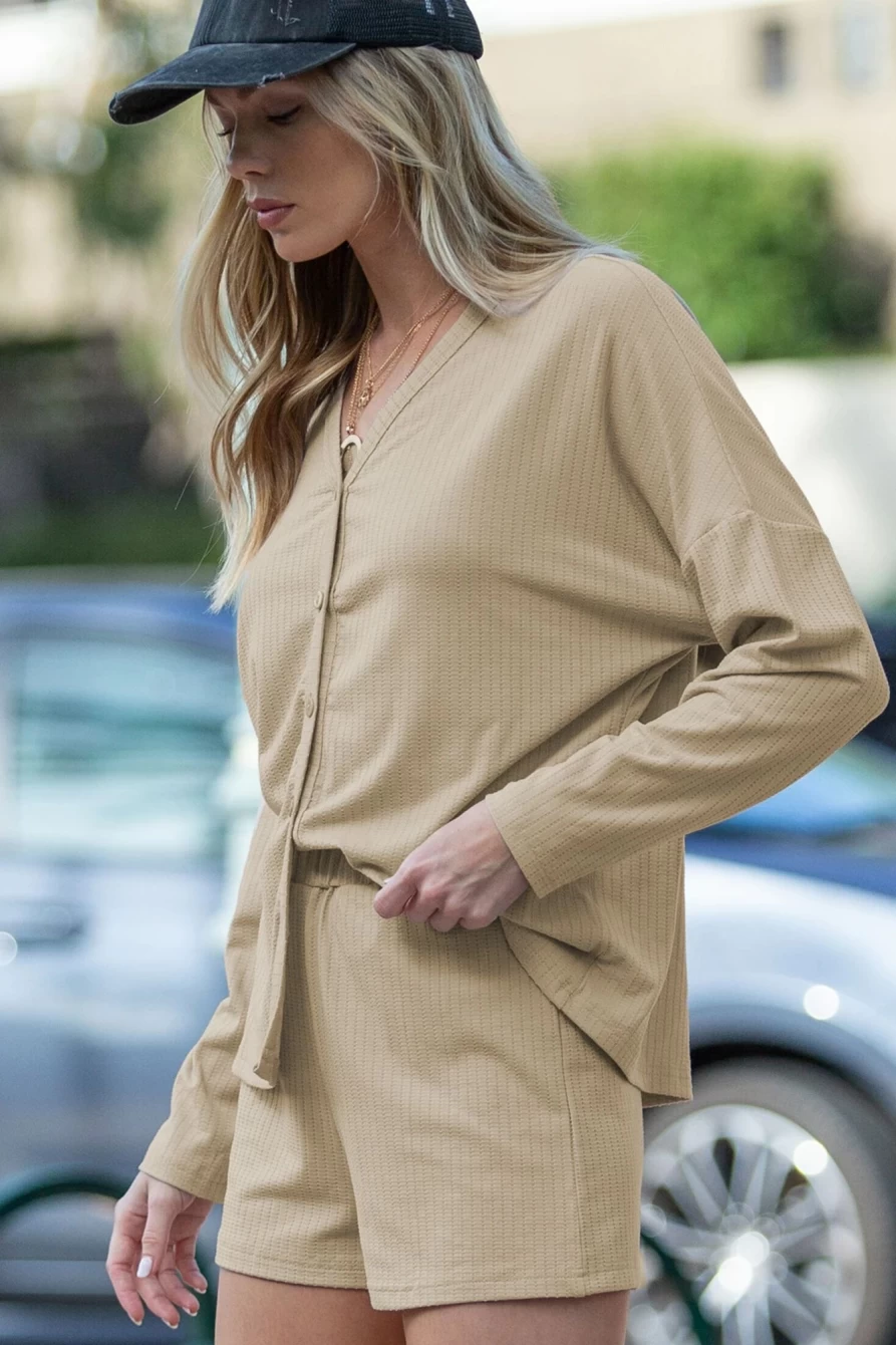 "Shewin Women's Apricot Eyelet Long Sleeve Shirt and Shorts Set"
