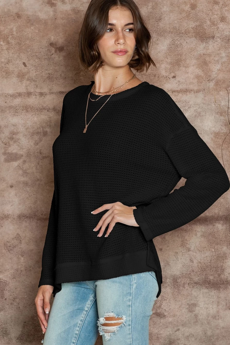 Shewin Women's Black Oversized Waffle Knit Top with Drop Sleeves and Side Slits