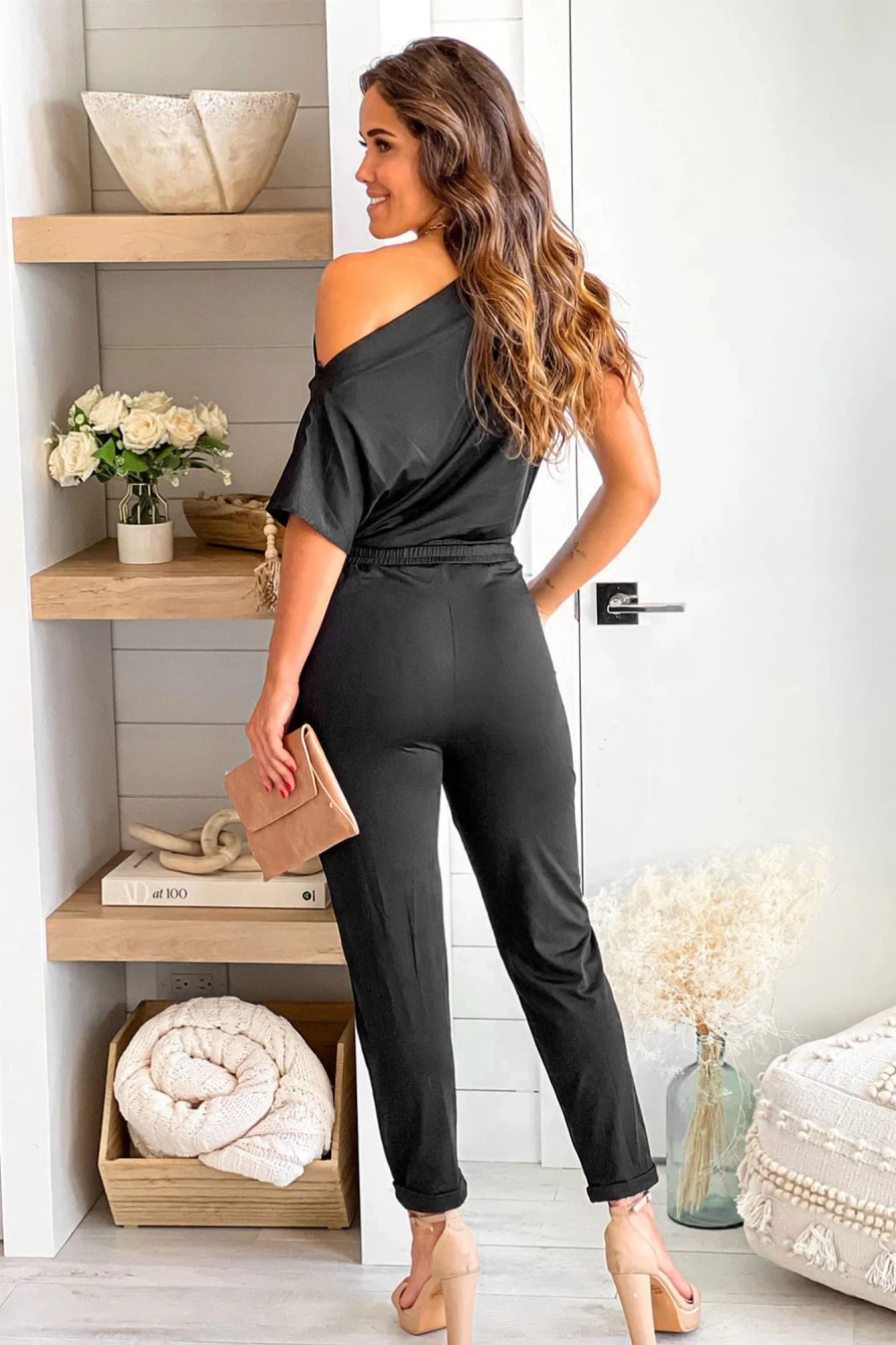Shewin Women's Black Off Shoulder Tie Waist Tapered Jumpsuit - Short Sleeve Romper