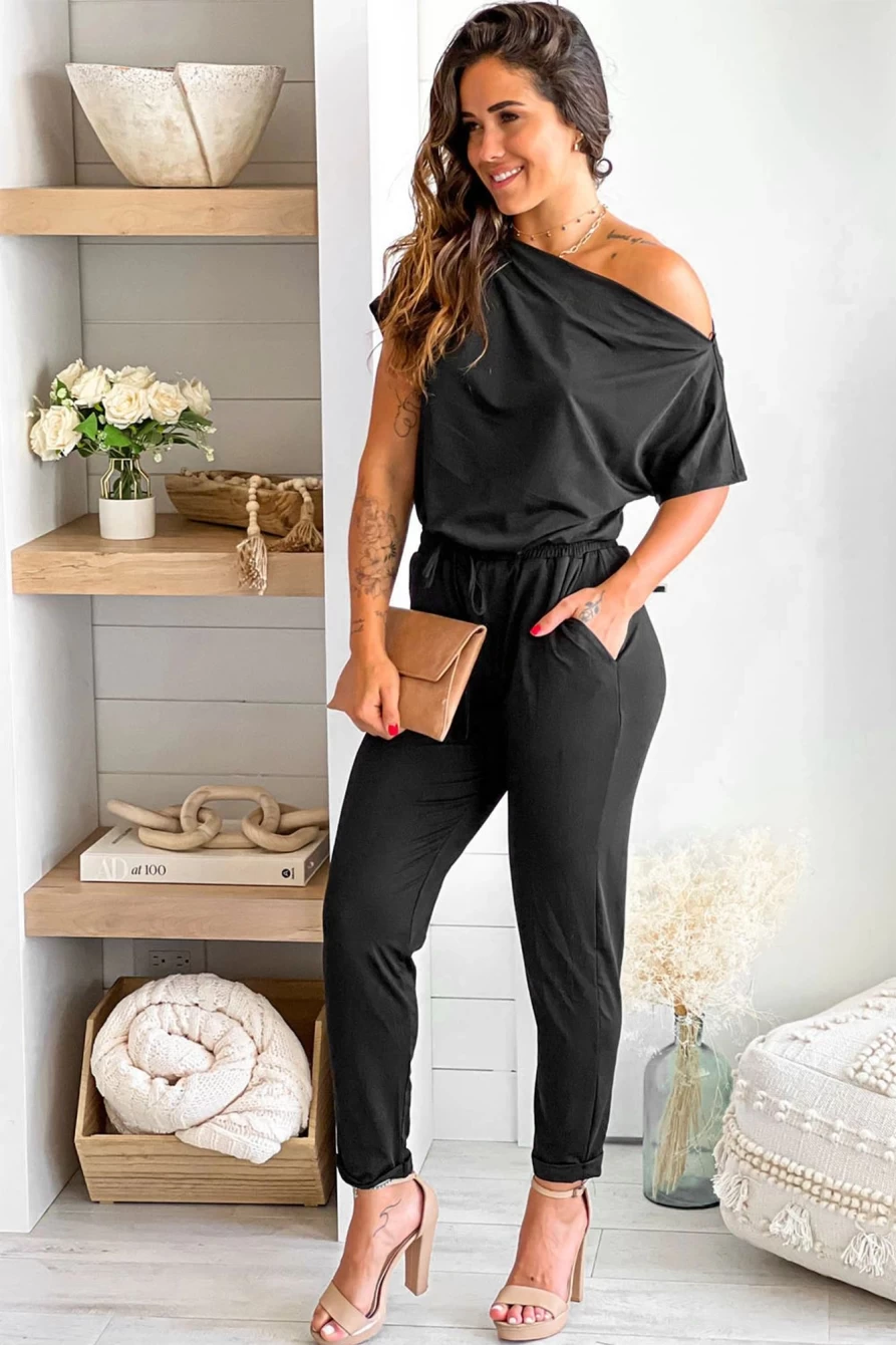 Shewin Women's Black Off Shoulder Tie Waist Tapered Jumpsuit - Short Sleeve Romper