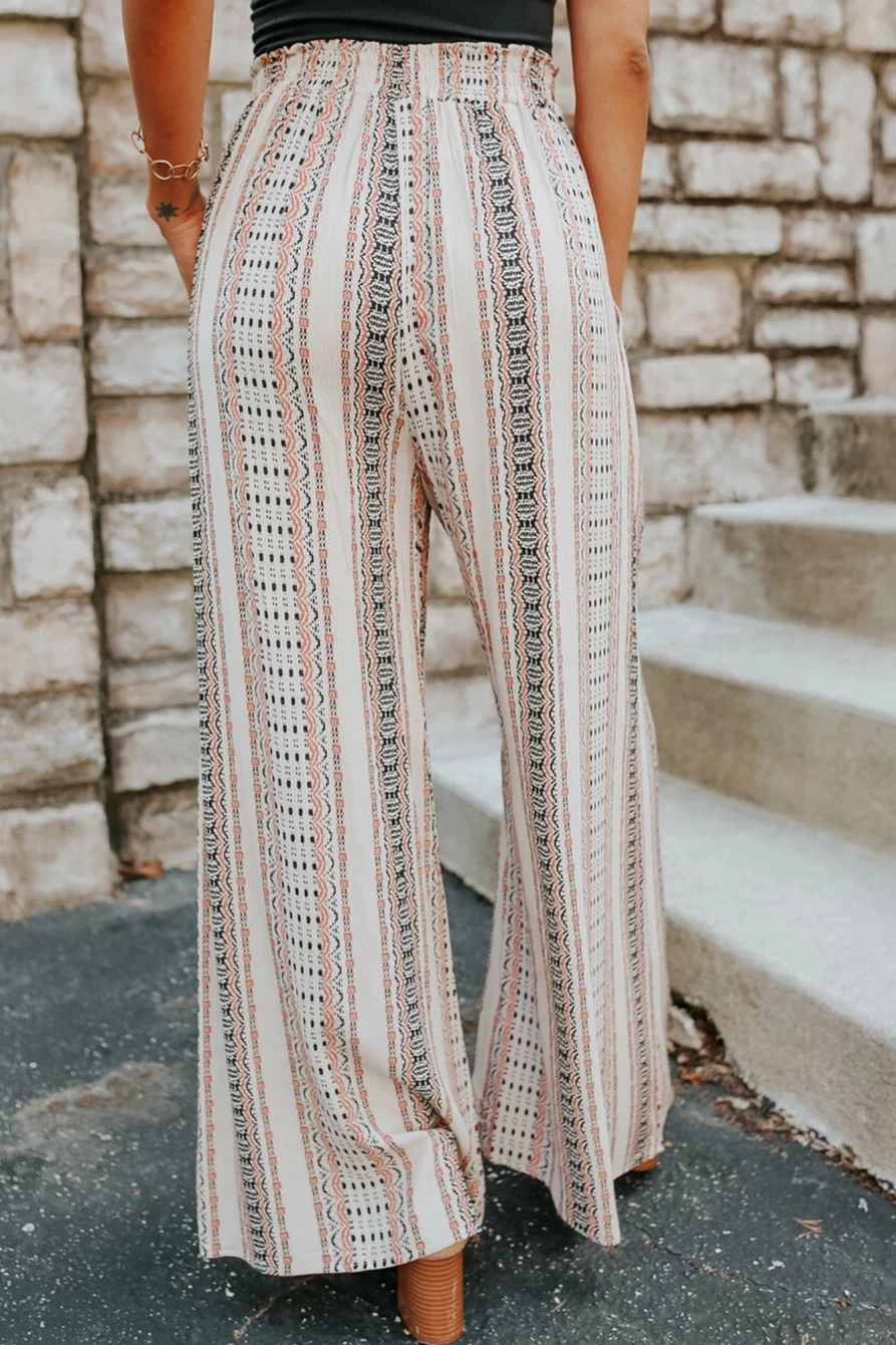 Shewin Women's Beige Geometric Print Casual Shirred Wide Leg Pants
