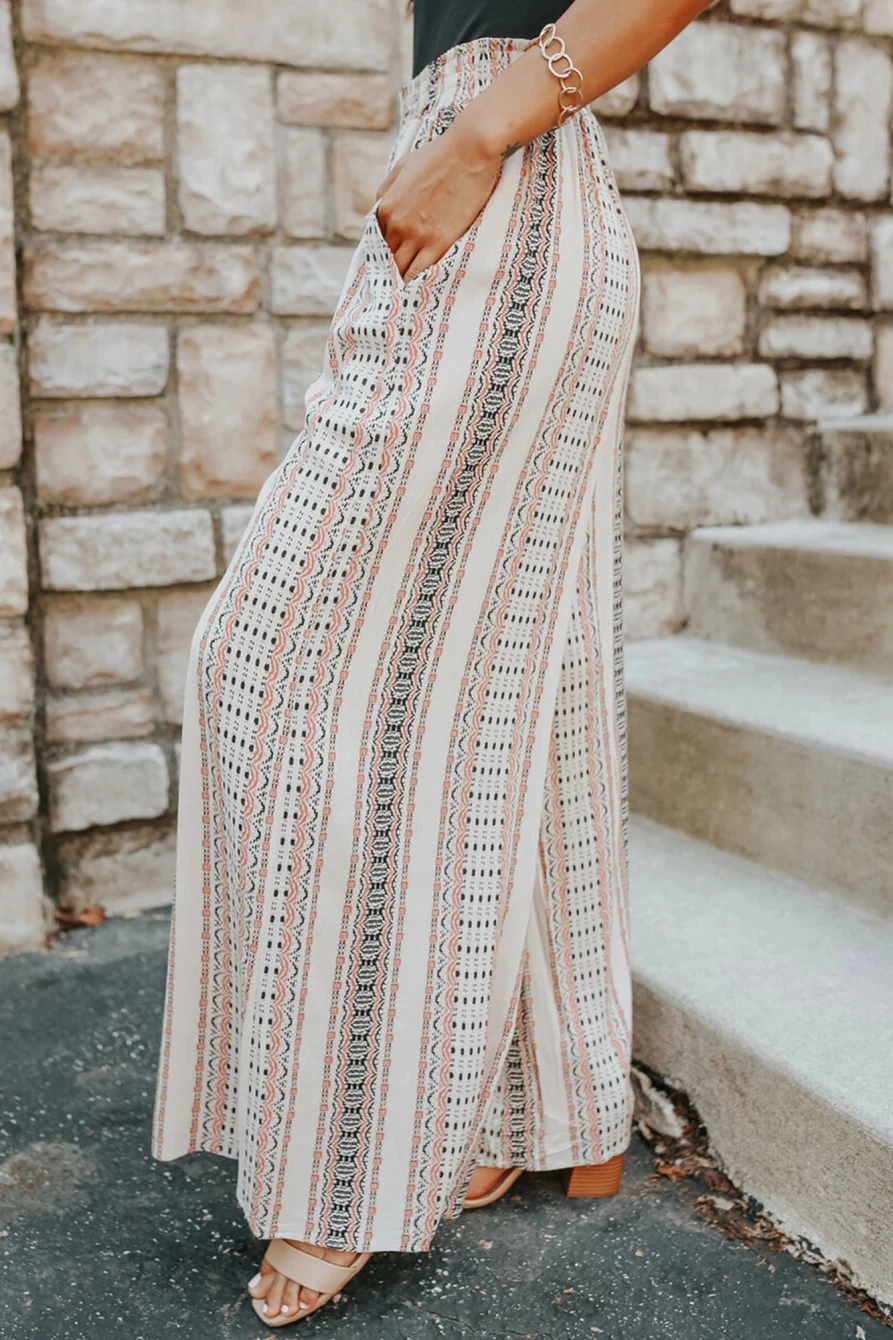 Shewin Women's Beige Geometric Print Casual Shirred Wide Leg Pants