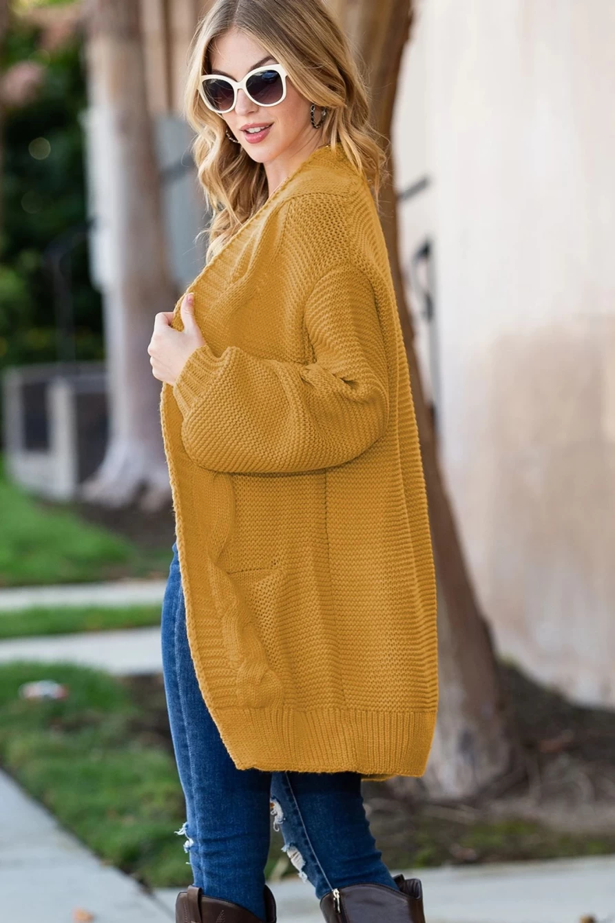 Women's Orange Chunky Knit Cardigan with Lantern Sleeves - Shewin Open Front Sweater