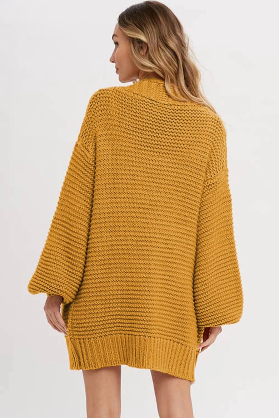 Women's Orange Chunky Knit Cardigan with Lantern Sleeves - Shewin Open Front Sweater