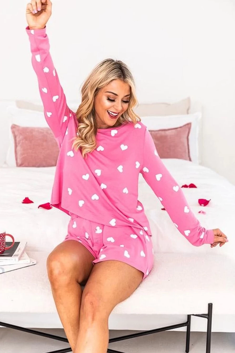 Shewin Women's Pink Valentine Heart Print Pajama Set - Long Sleeve Top & Shorts Sleepwear