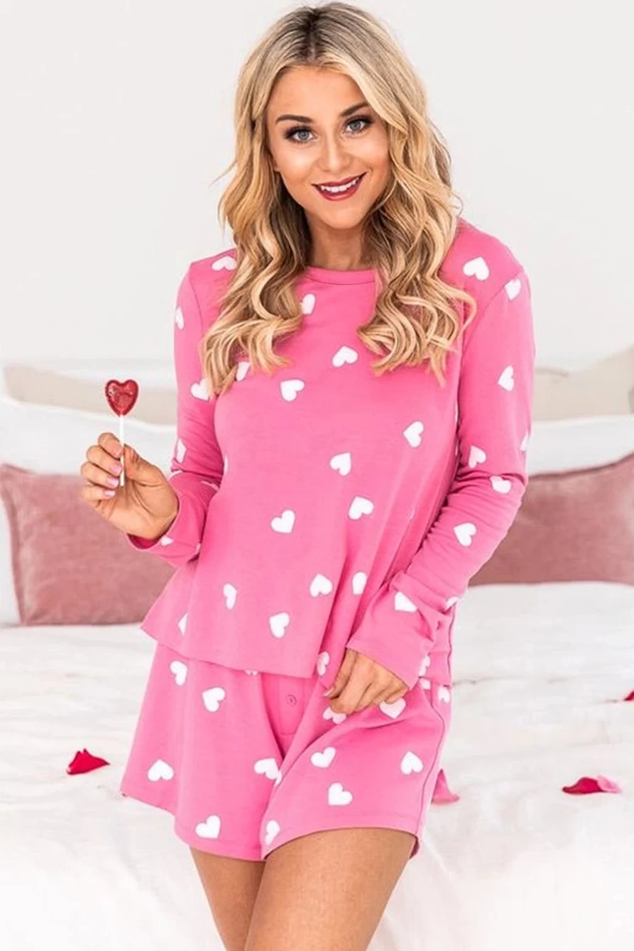 Shewin Women's Pink Valentine Heart Print Pajama Set - Long Sleeve Top & Shorts Sleepwear