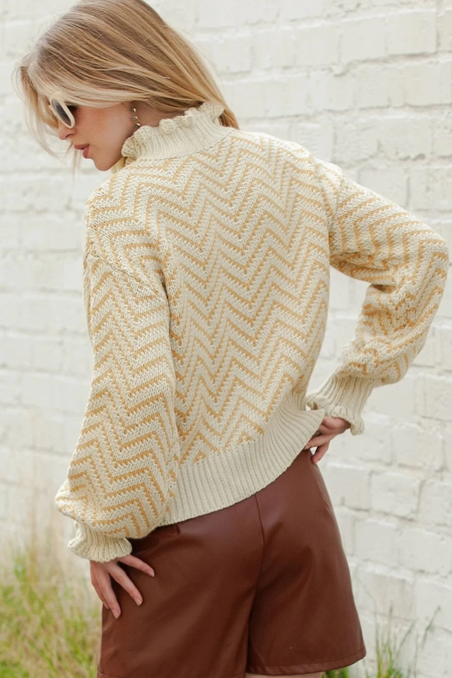 Shewin Women's Khaki Chevron Pattern Mock Neck Cropped Sweater