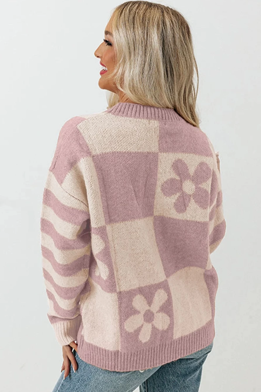 "Shewin Women's Orchid Petal Purple Checkered & Striped Knit Sweater"