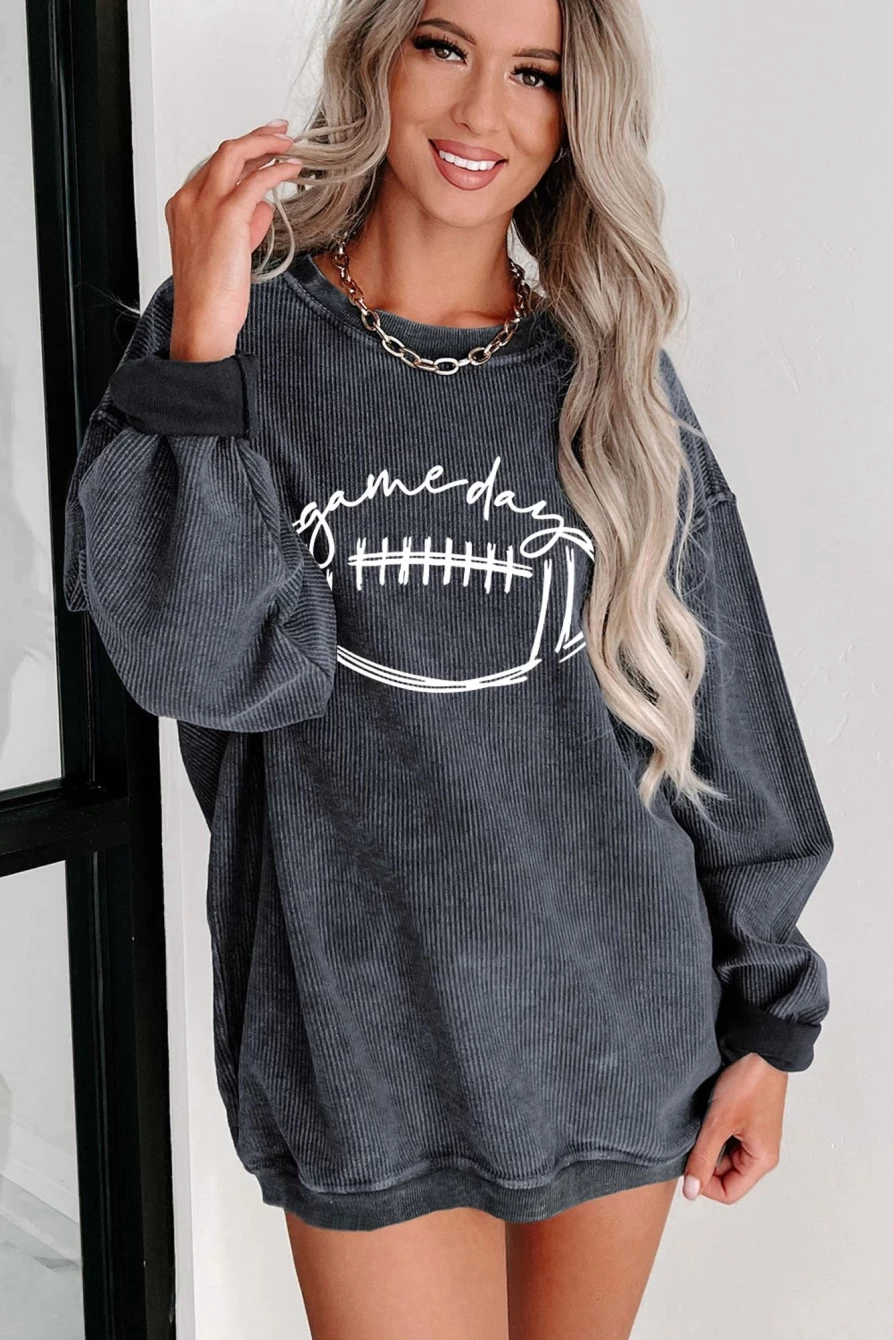 Shewin Women's Gray Corded Texture Graphic Sweatshirt for Game Day