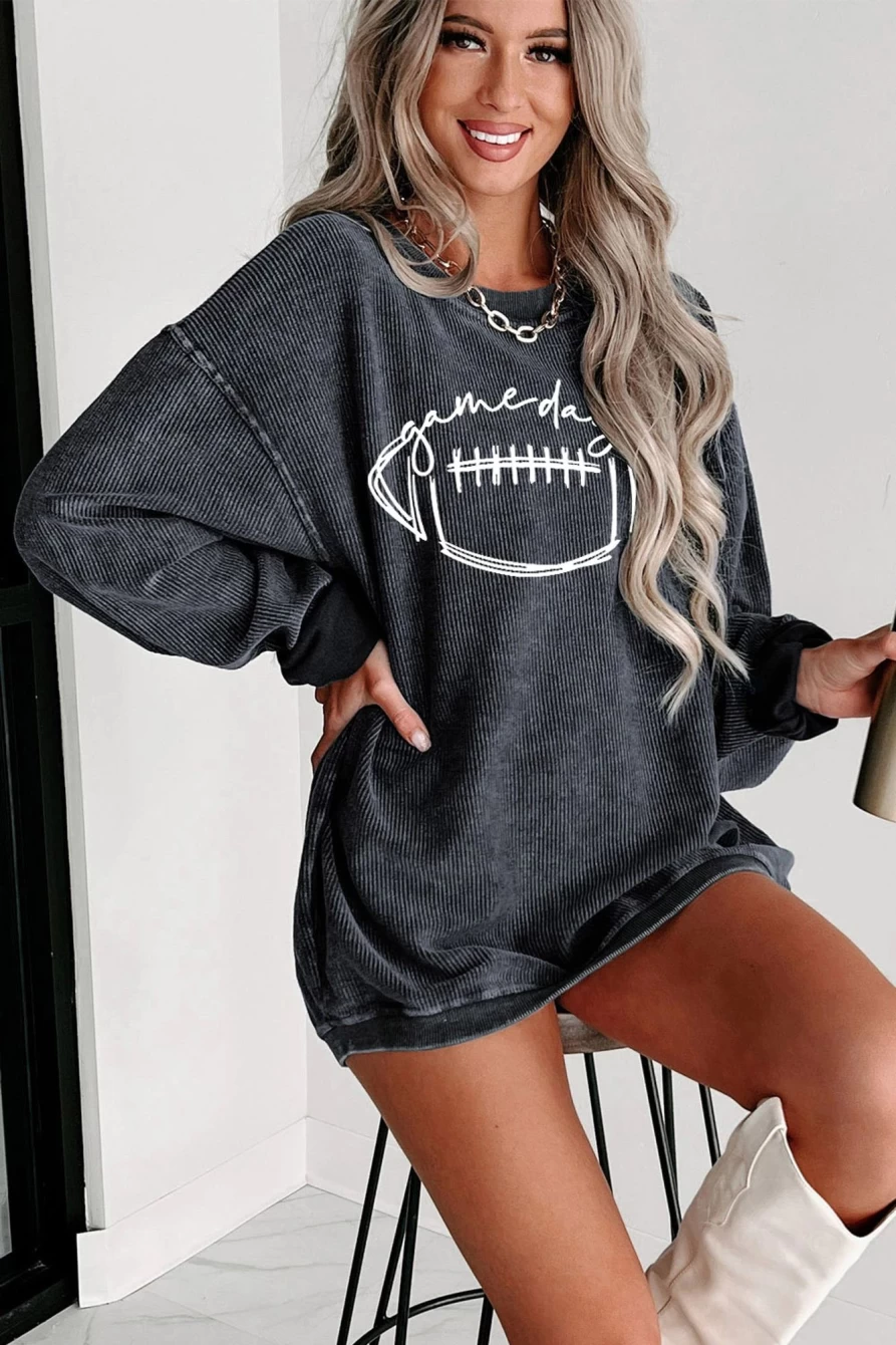 Shewin Women's Gray Corded Texture Graphic Sweatshirt for Game Day