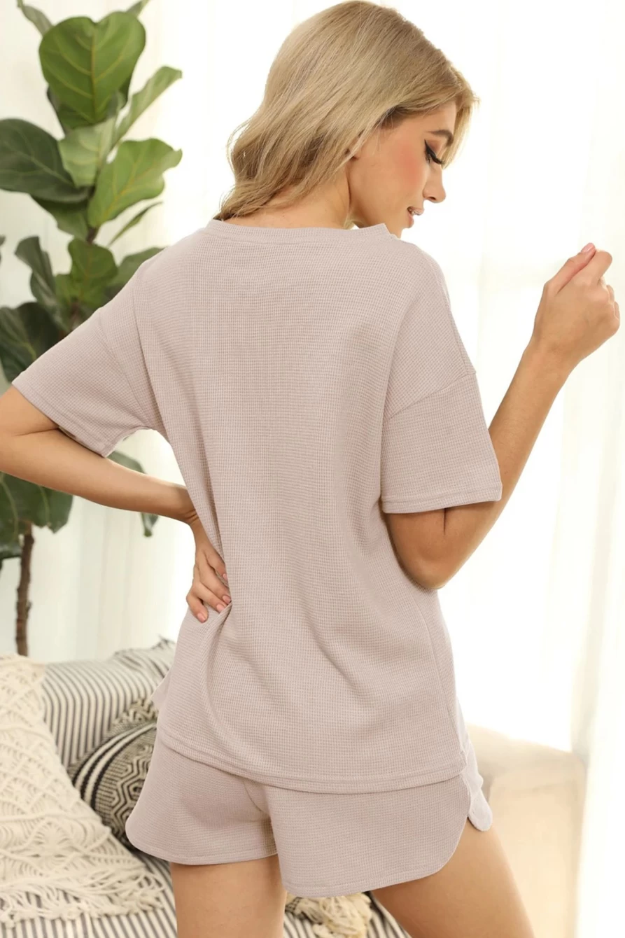 Shewin Women's Apricot Waffle Knit Half Sleeve Tee and Drawstring Shorts Set