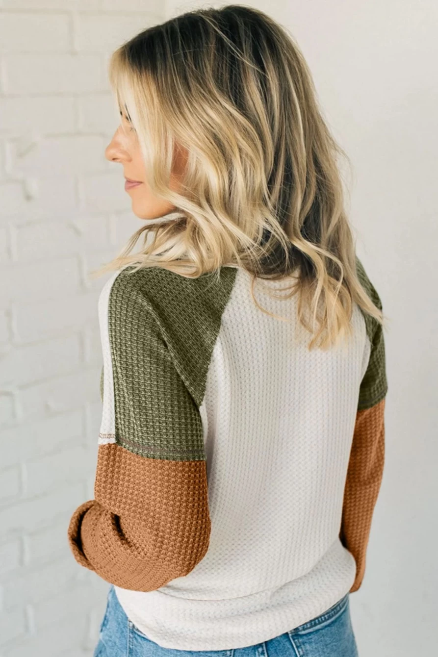 Shewin Women's Green Waffle Knit Long Sleeve Top with Colorblock Patch Design