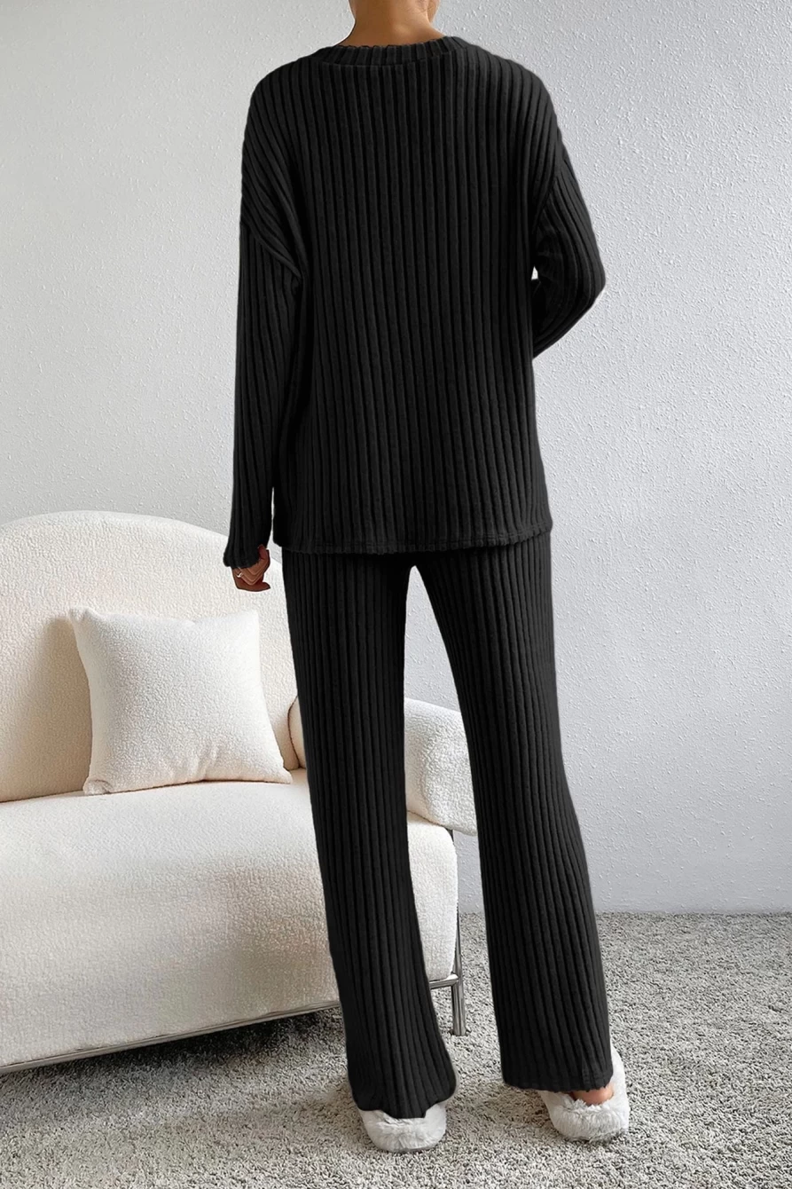 Shewin Women's Black Slouchy Ribbed Knit V-Neck Loungewear Set with Pants