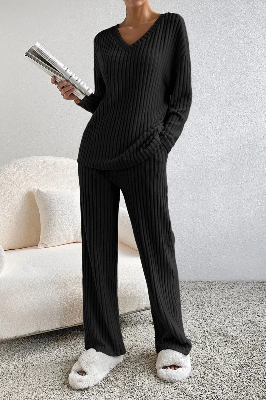 Shewin Women's Black Slouchy Ribbed Knit V-Neck Loungewear Set with Pants