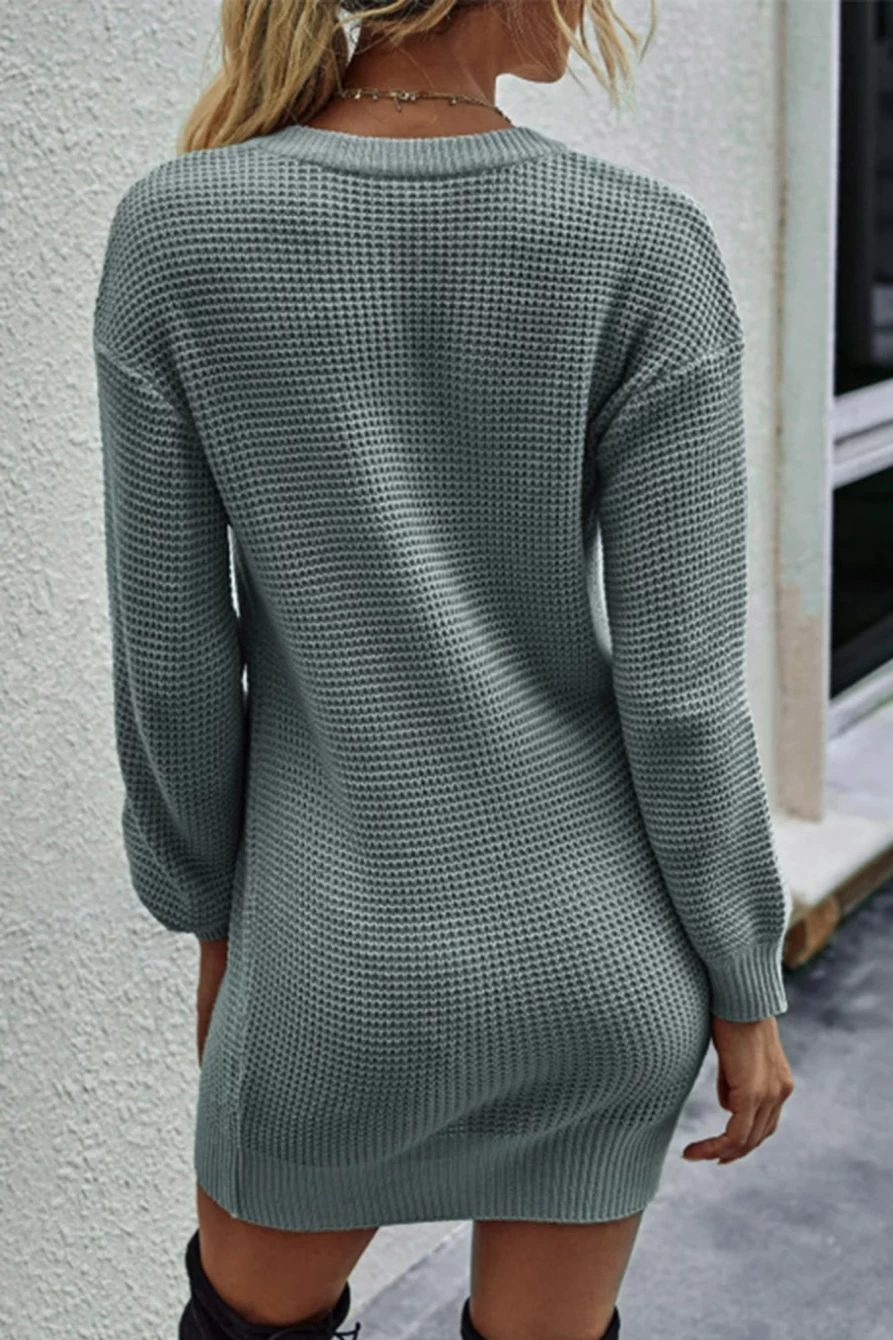 Shewin Women's Gray Drop Shoulder Waffle Knit Sweater Dress with Notched Neck and Button Detail