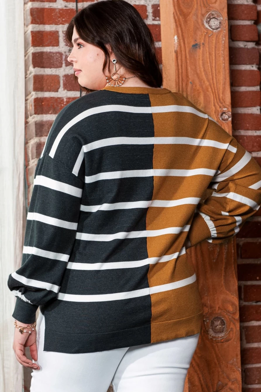 Shewin Women's Striped Loose Fit Colorblock Patchwork Top - Plus Size Casual Comfort