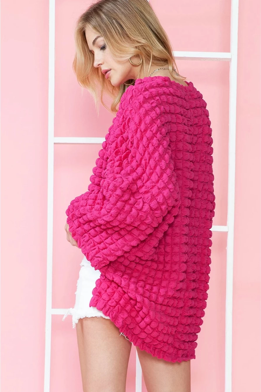 Shewin Women's Rose Red Textured Waffle Knit Bracelet Sleeve Top