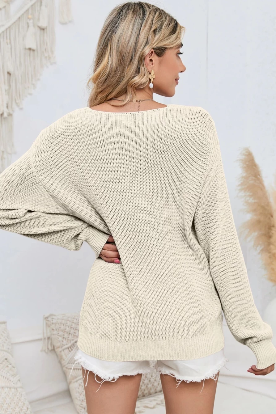 Shewin Women's Beige Ribbed Knit V-Neck Sweater - Basic Casual Pullover