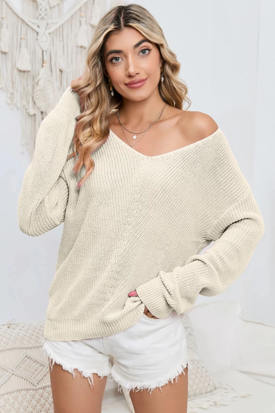 Shewin Women's Beige Ribbed Knit V-Neck Sweater - Basic Casual Pullover