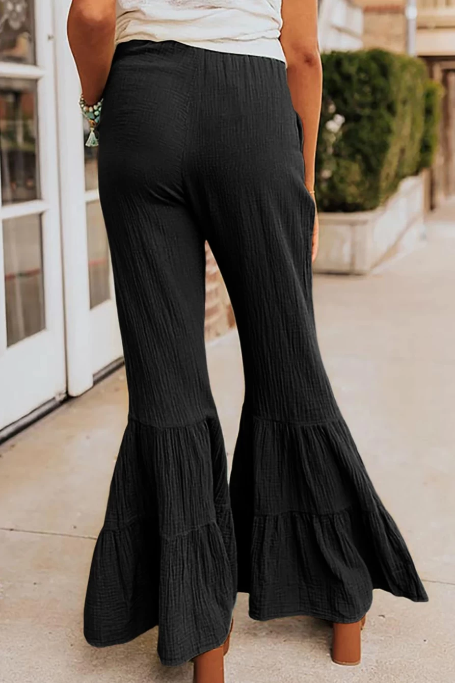 Shewin Women's Black High Waisted Flare Pants with Tiered Ruffle Detail - Plain Cotton Stretch Lounge Trousers