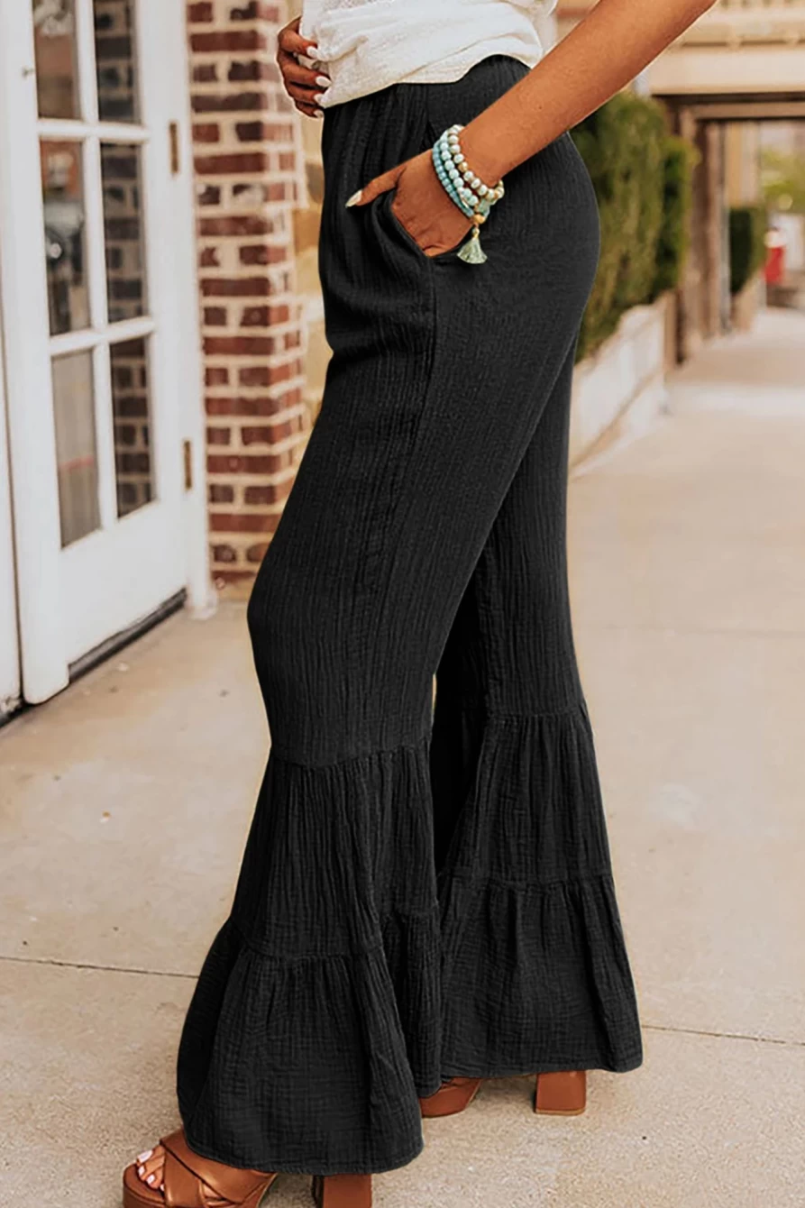 Shewin Women's Black High Waisted Flare Pants with Tiered Ruffle Detail - Plain Cotton Stretch Lounge Trousers