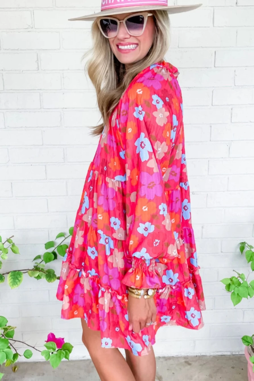 Shewin Women's Floral Print Bubble Sleeve Tiered Babydoll Dress - Multicolor Summer Boho Mini Dress