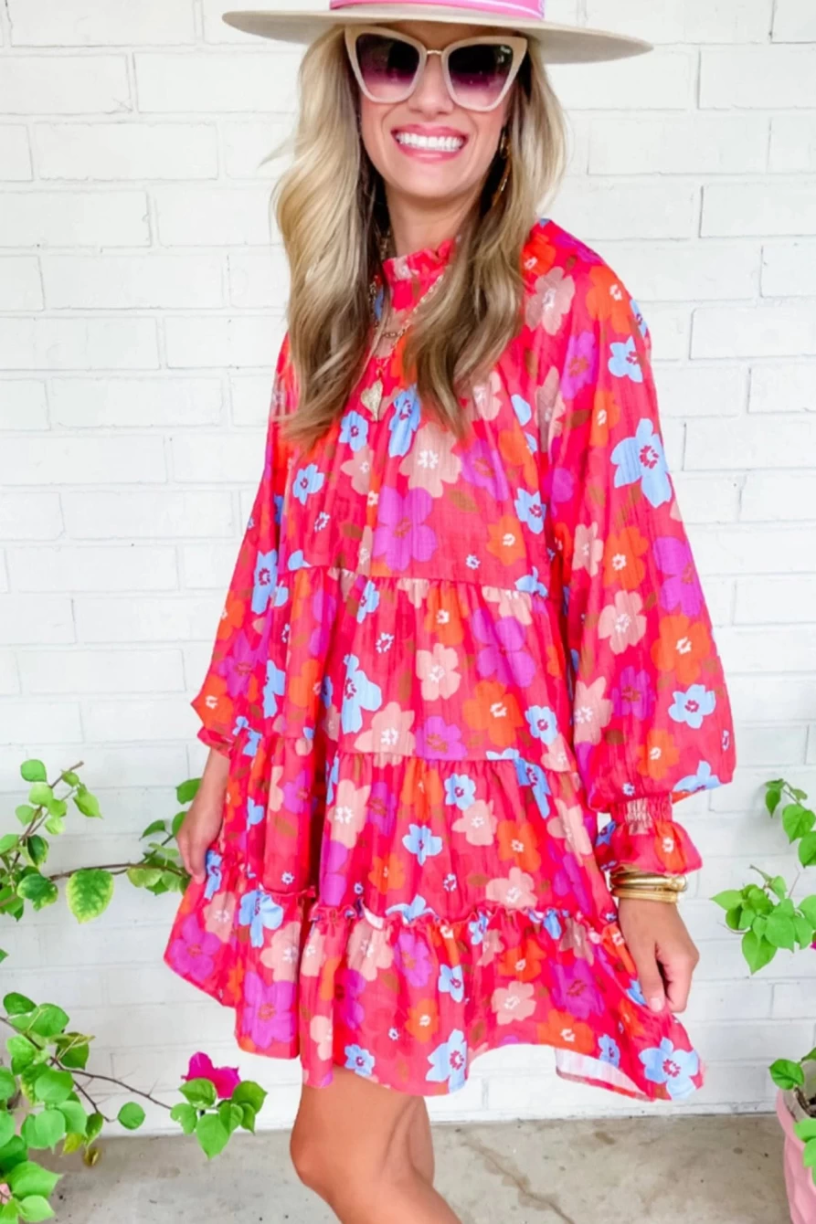 Shewin Women's Floral Print Bubble Sleeve Tiered Babydoll Dress - Multicolor Summer Boho Mini Dress