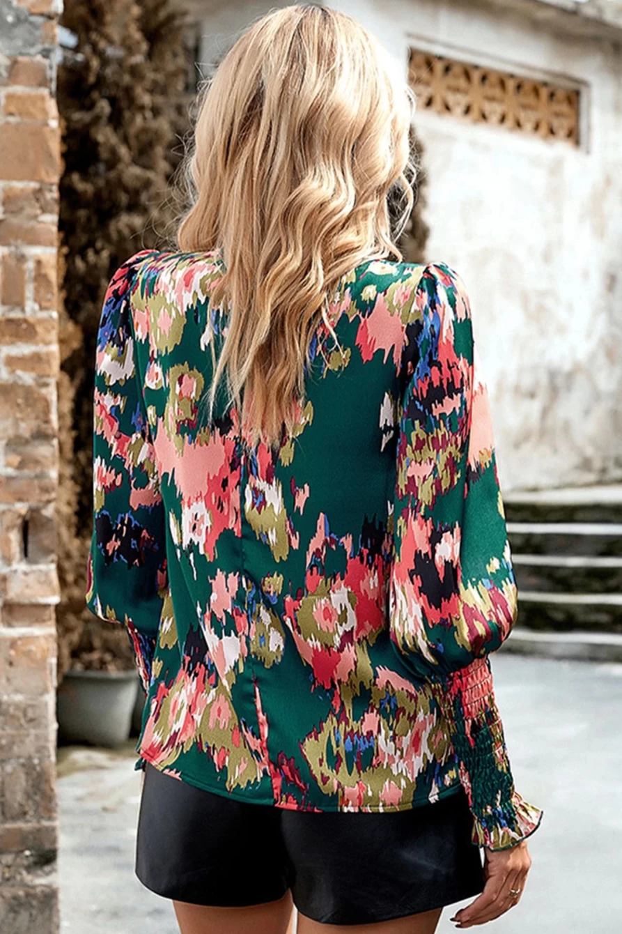 Shewin Women's Green Abstract Print Blouse with Frilled Neck and Shirred Cuffs