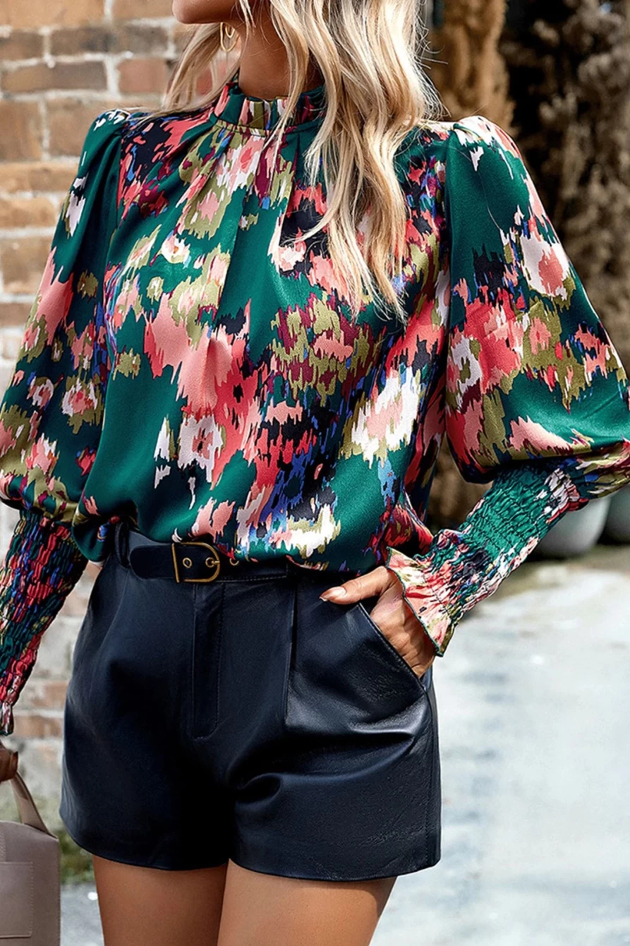 Shewin Women's Green Abstract Print Blouse with Frilled Neck and Shirred Cuffs