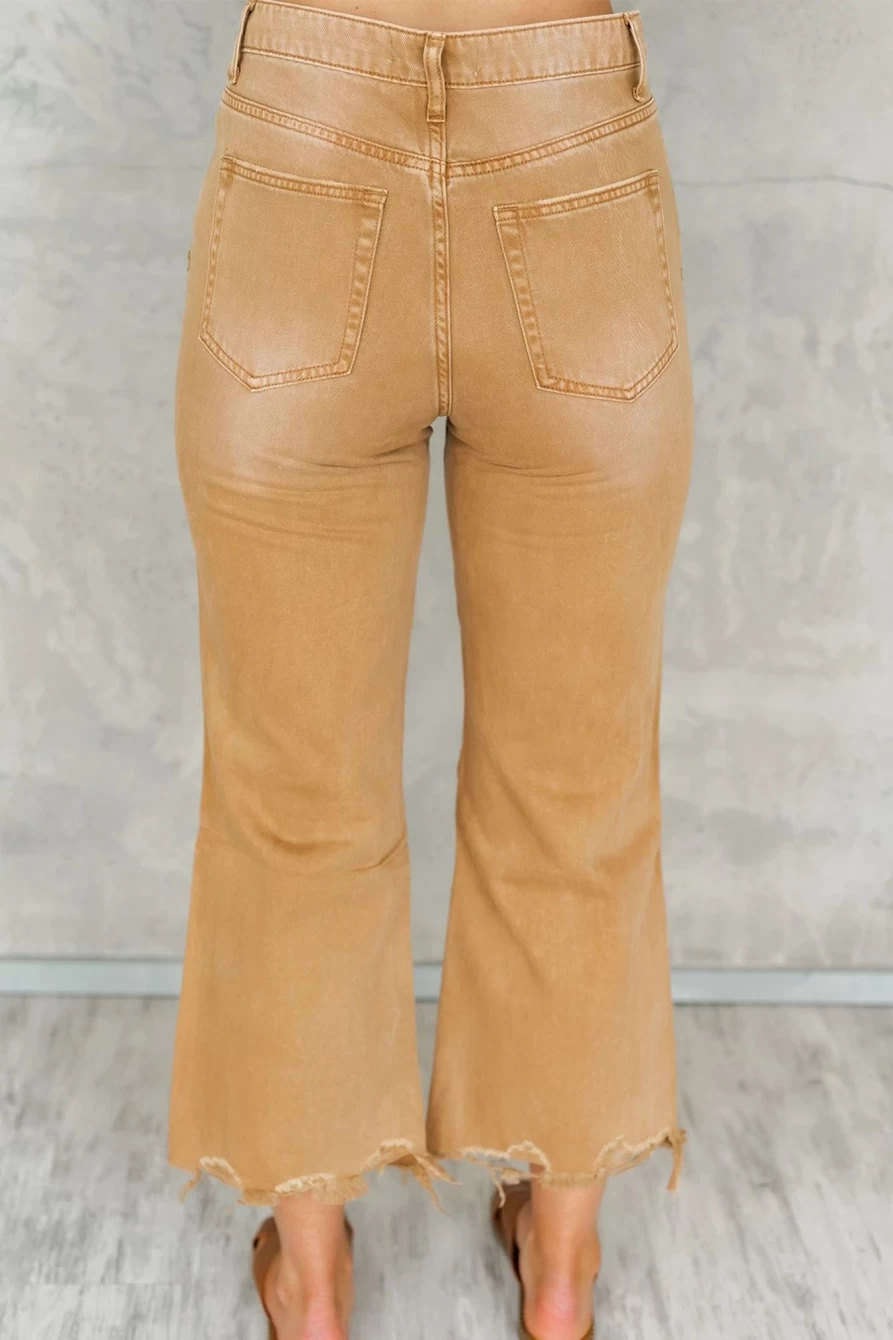 Shewin Women's Brown Distressed High Waist Flare Jeans with Hollow-Out Design