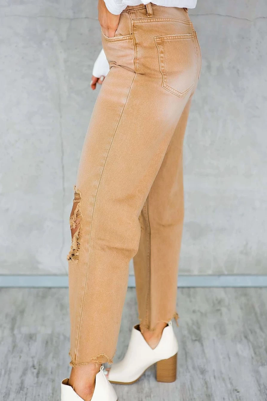Shewin Women's Brown Distressed High Waist Flare Jeans with Hollow-Out Design