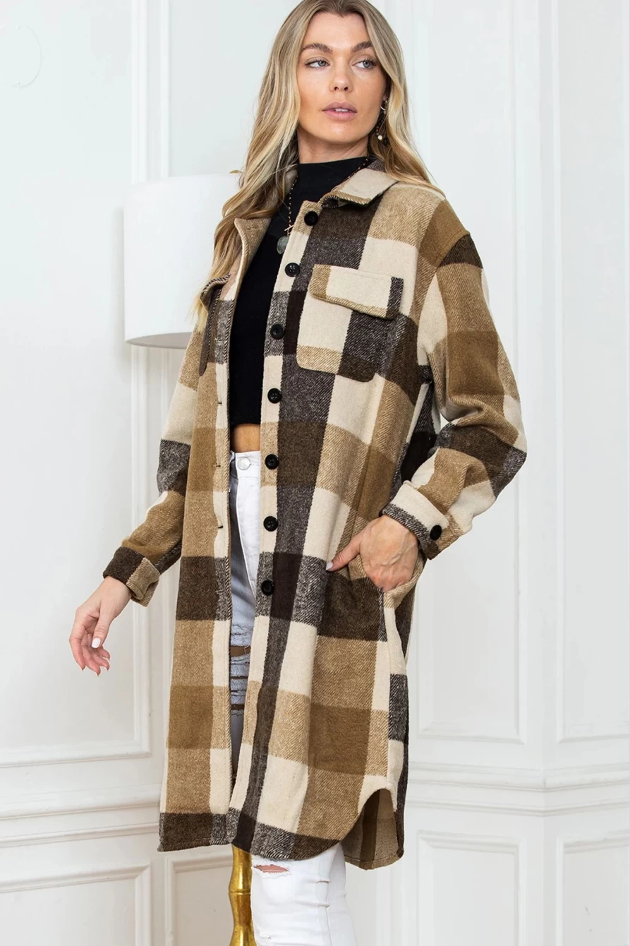 Shewin Women's Khaki Plaid Long Shacket with Colorblock Design & Button-Down Flap Pockets