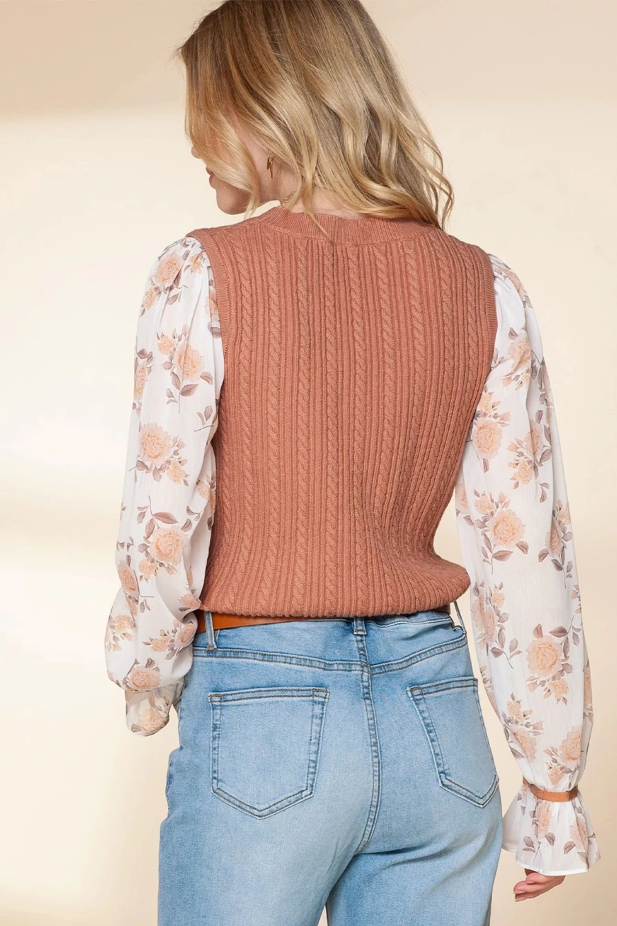Shewin Women's Sheepskin Cable Knit Sweater with Floral Patchwork & Ruffled Cuff Sleeves