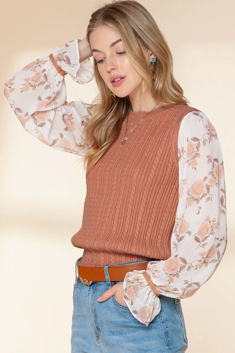 Shewin Women's Sheepskin Cable Knit Sweater with Floral Patchwork & Ruffled Cuff Sleeves