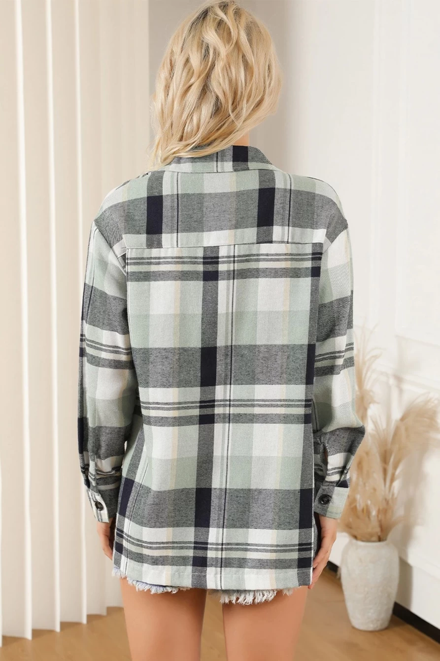 Women's Green Long Sleeve Flannel Shacket with Collar - Shewin Button Up Shirt Jacket