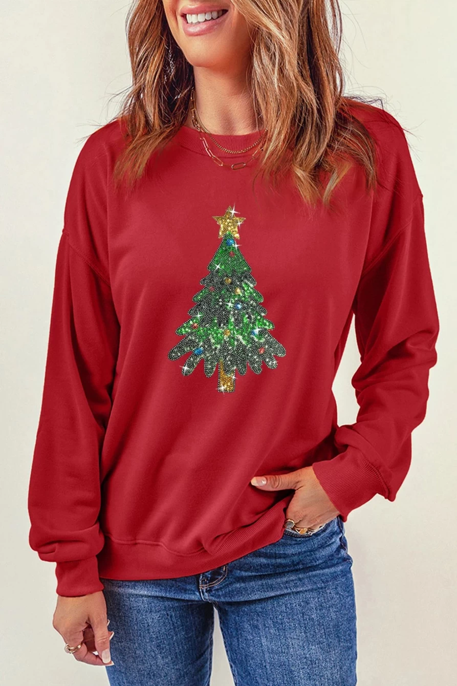 Shewin Women's Red-2 Christmas Tree Graphic Crewneck Sweatshirt Holiday Pullover