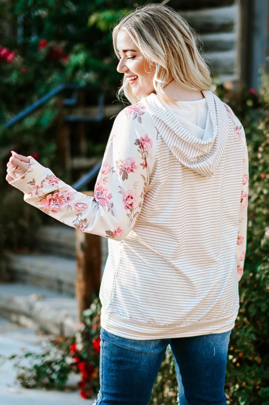 Shewin Women's Plus Size Stripe Floral Print Hoodie with Drawstring Sleeves