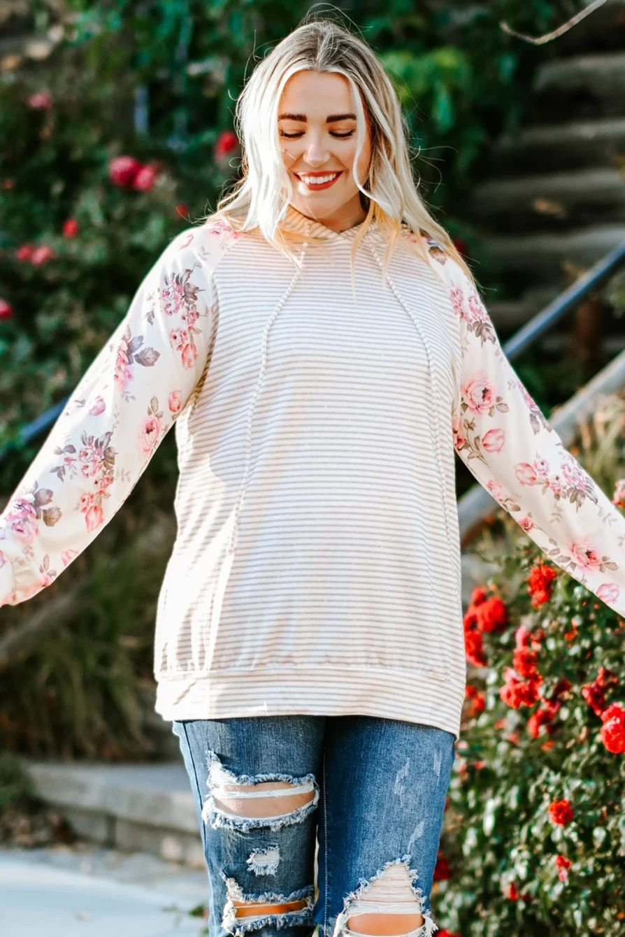 Shewin Women's Plus Size Stripe Floral Print Hoodie with Drawstring Sleeves