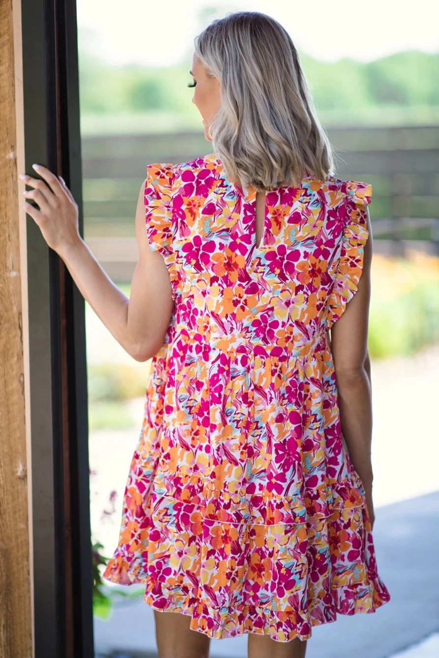 Shewin Women's Red Floral Short Dress with Ruffle Trim & Tie Detail - Sleeveless Summer Dress