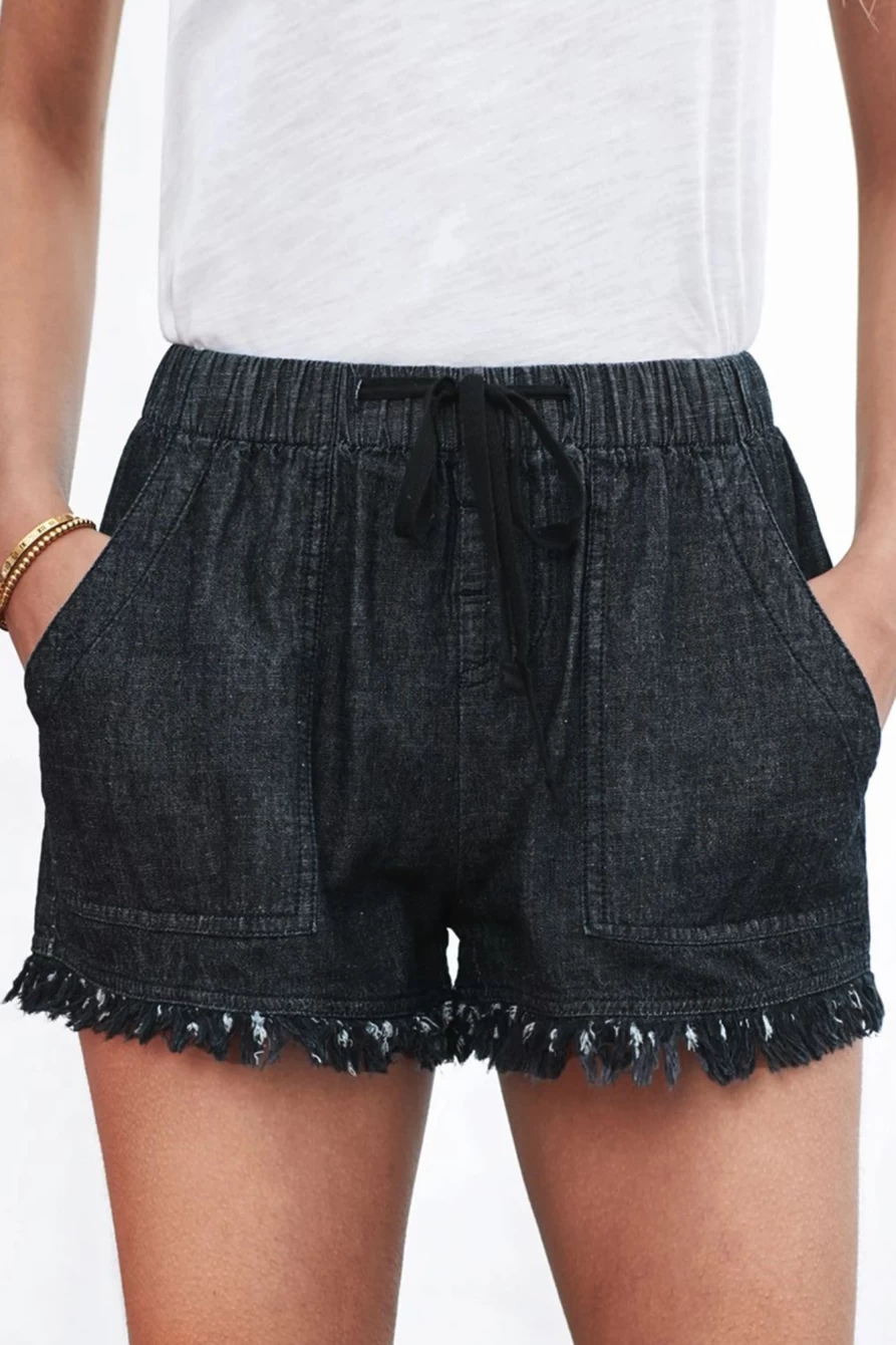 Shewin Women's Black Casual Denim Shorts with Drawstring, Pockets & Frayed Hem