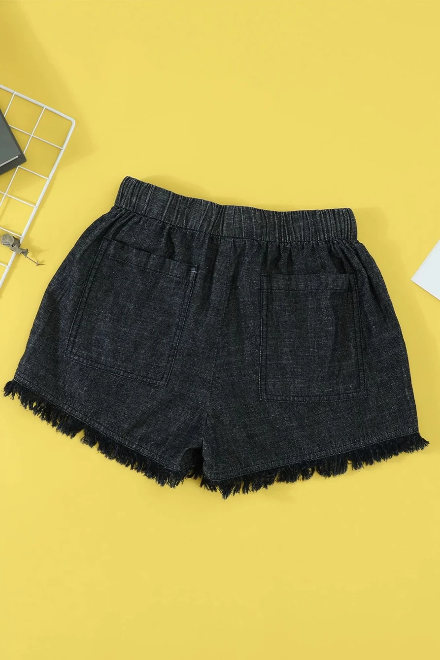 Shewin Women's Black Casual Denim Shorts with Drawstring, Pockets & Frayed Hem