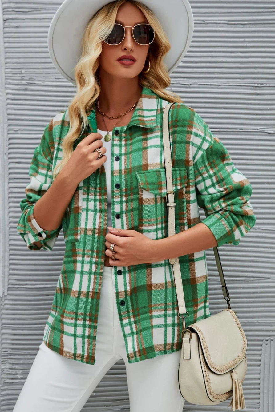 Women's Dark Green Plaid Shacket with Flap Pockets - Shewin Button-Up Overshirt