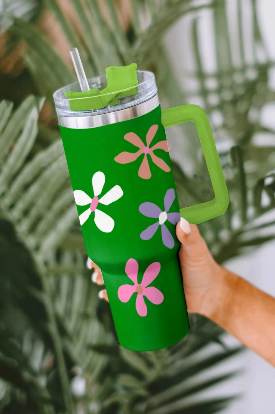 Shewin Dark Green Floral Print Stainless Steel Tumbler With Handle - 1200ml Insulated Travel Mug for Women