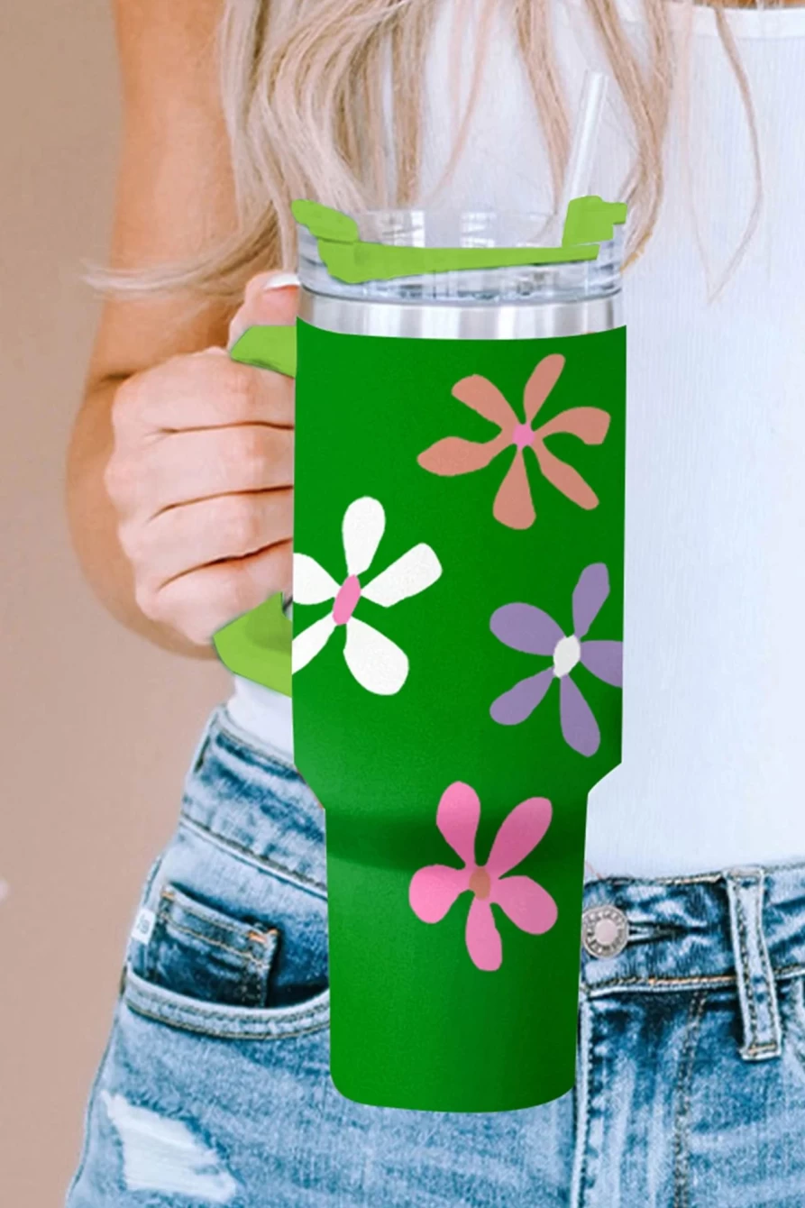 Shewin Dark Green Floral Print Stainless Steel Tumbler With Handle - 1200ml Insulated Travel Mug for Women