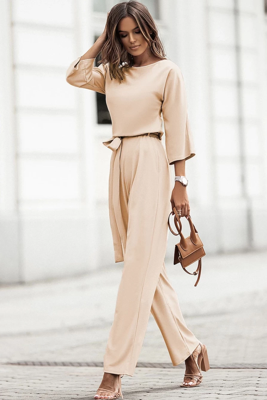 Shewin Women's Apricot Boat Neck Knot Detail Wide Leg Jumpsuit